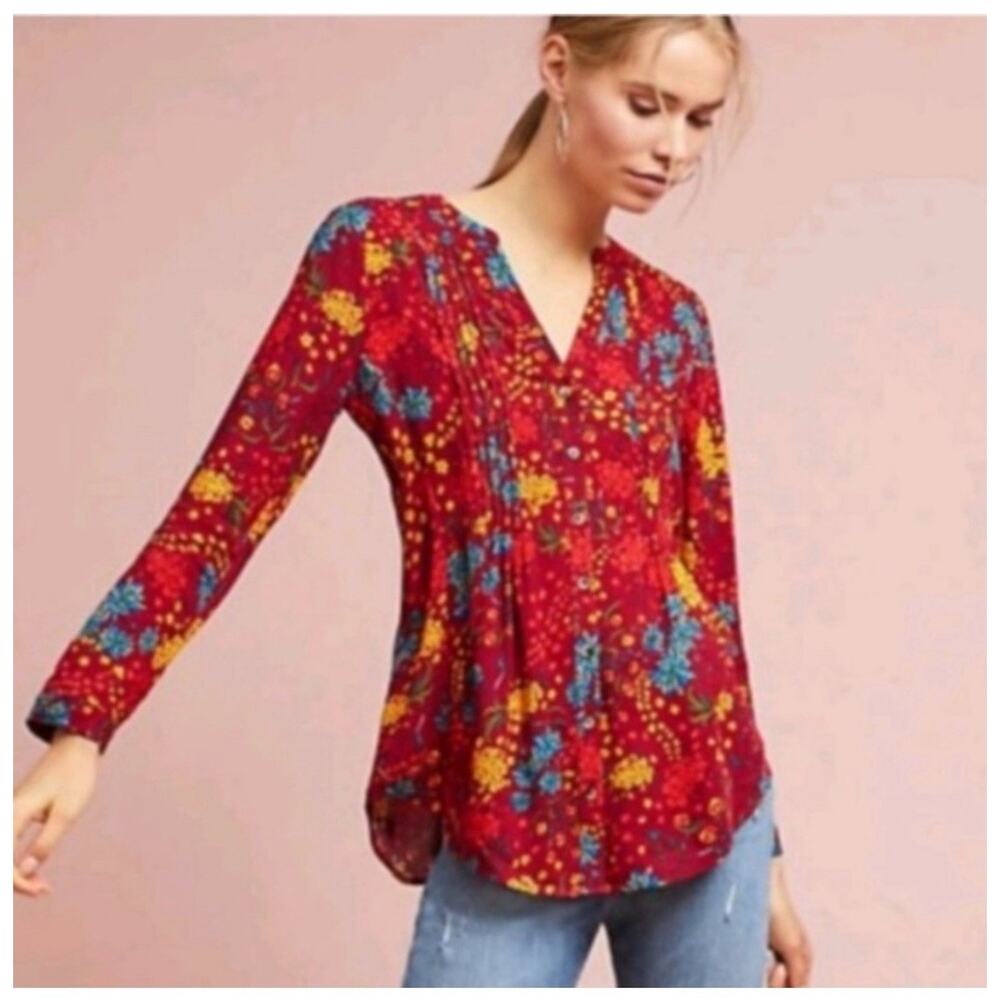 Anthropologie Maeve Women Red Pintuck Long sleeve Floral Top Sz M Prairie Peasan